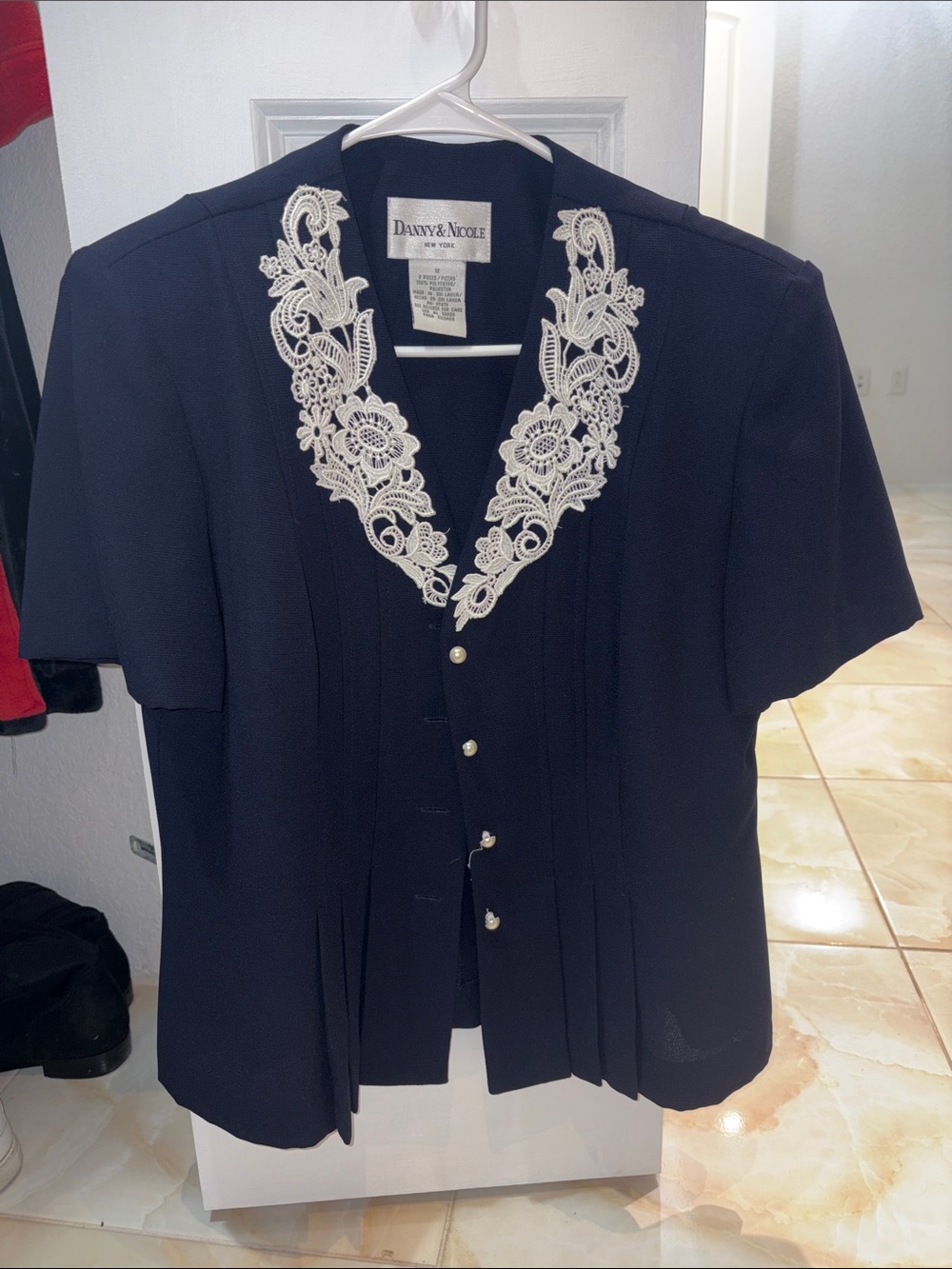 Danny & Nicole Navy and White Lace Detail Top